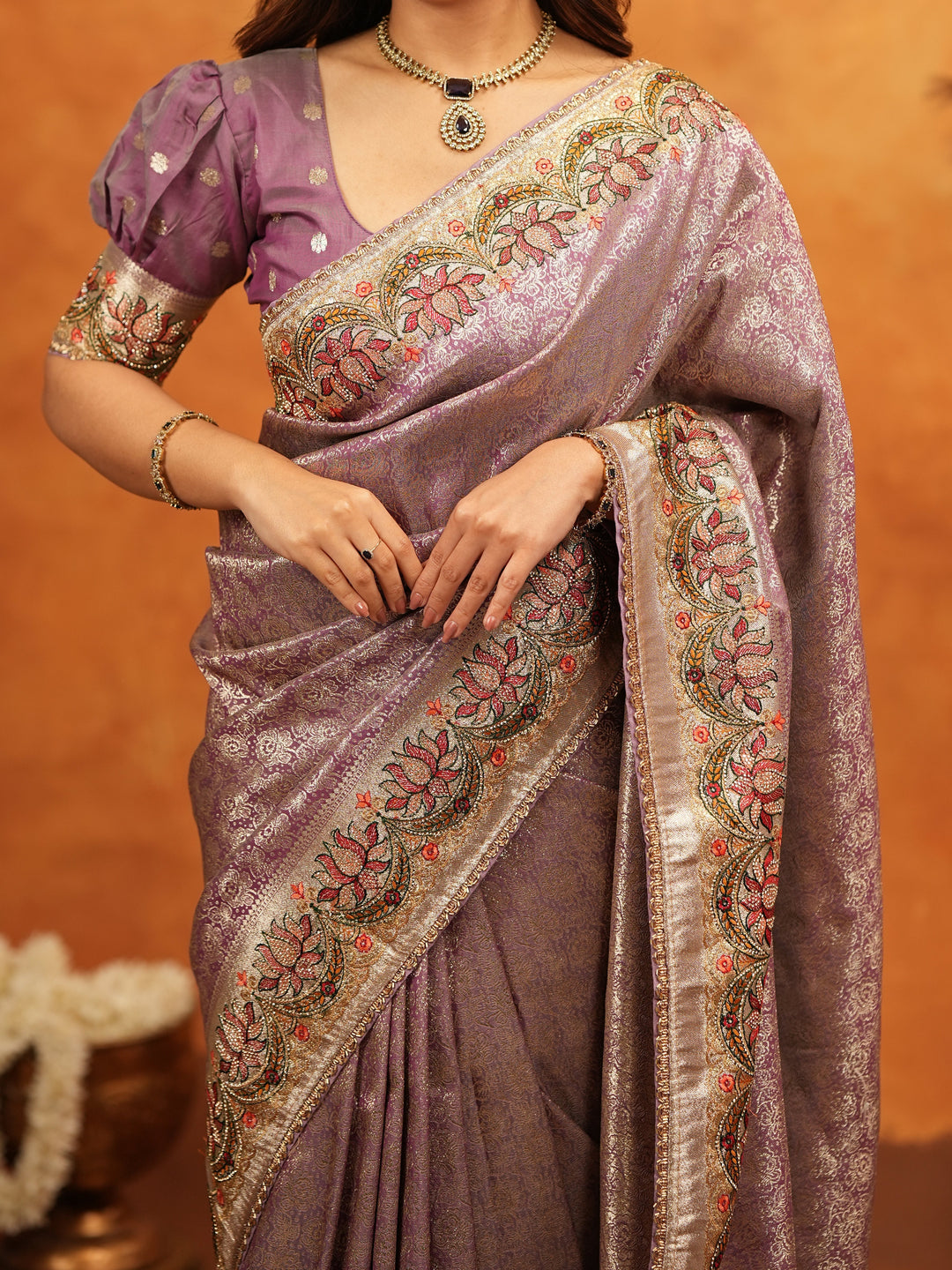 Lavender Purple Banarasi Silk Embroidered Saree with Floral Border & Zari Weaving | Heavy Embroidered Blouse with Tassels | Wedding & Festive Wear Saree