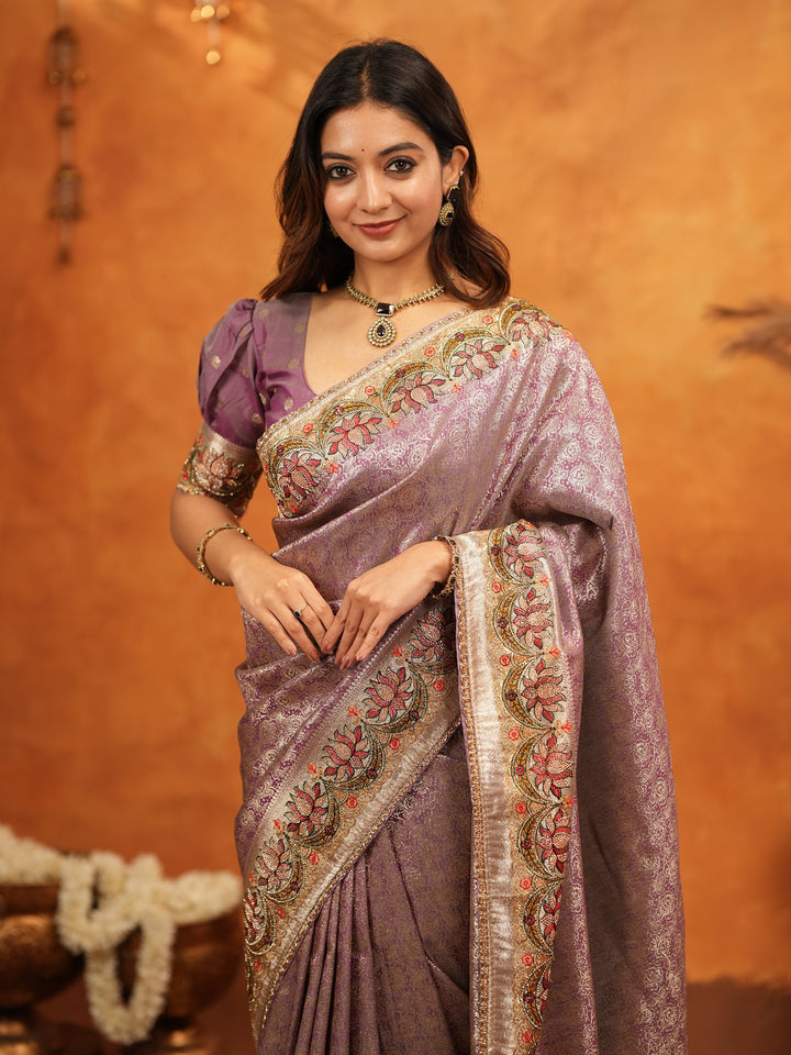 Lavender Purple Banarasi Silk Embroidered Saree with Floral Border & Zari Weaving | Heavy Embroidered Blouse with Tassels | Wedding & Festive Wear Saree