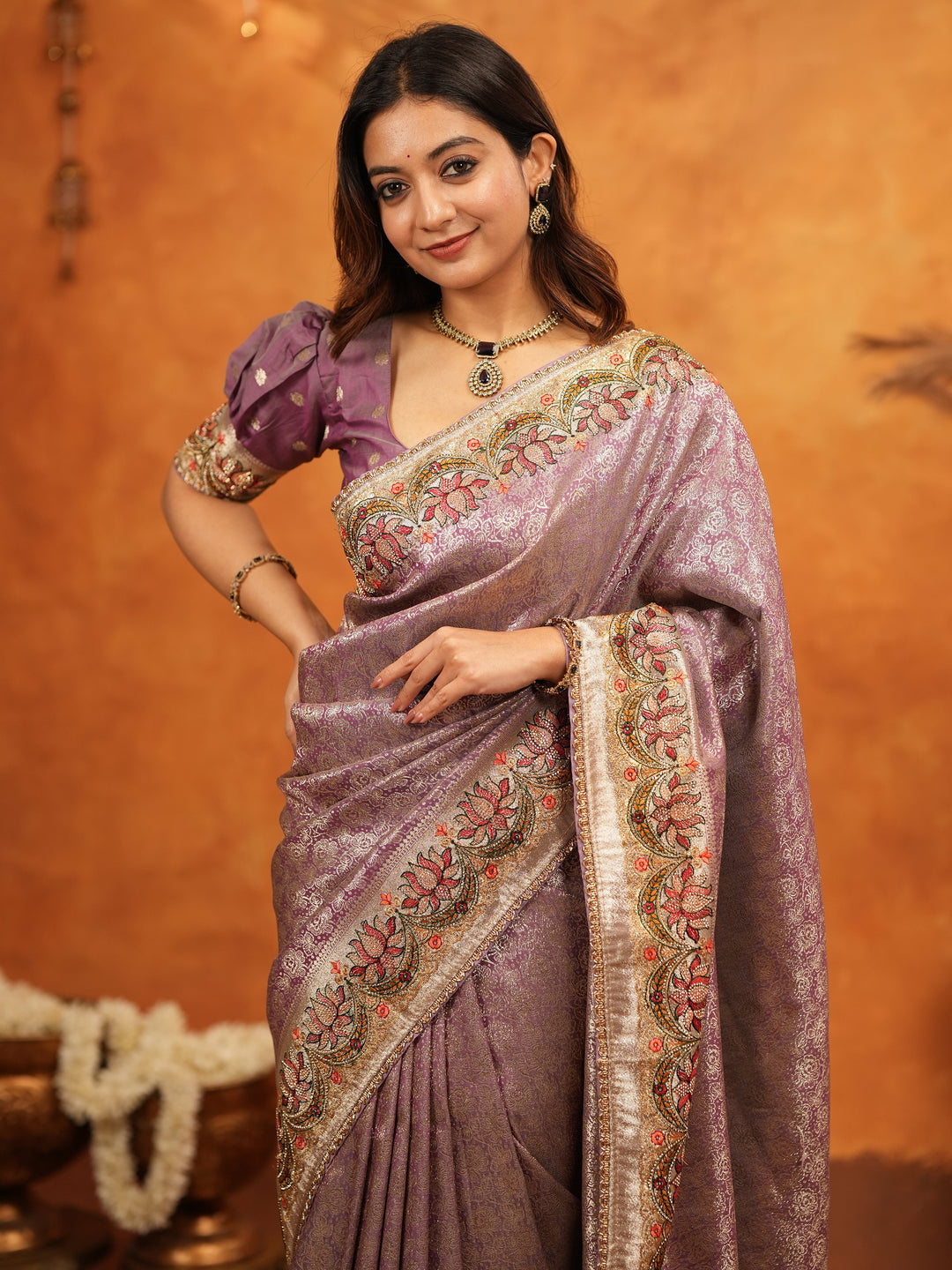 Lavender Purple Banarasi Silk Embroidered Saree with Floral Border & Zari Weaving | Heavy Embroidered Blouse with Tassels | Wedding & Festive Wear Saree