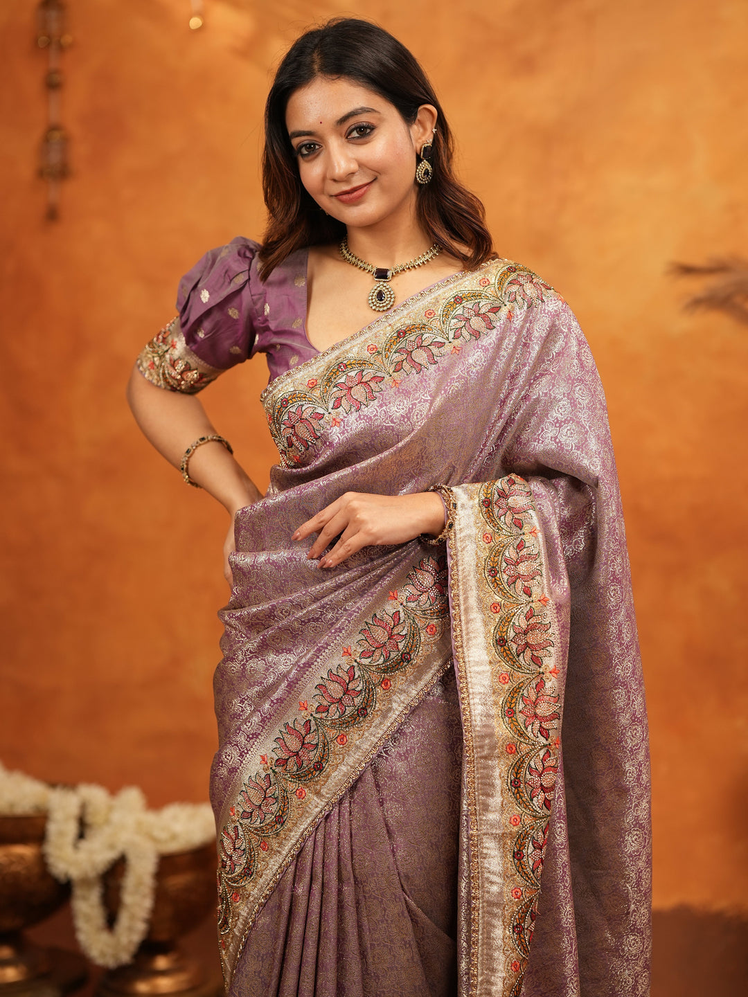 Lavender Purple Banarasi Silk Embroidered Saree with Floral Border & Zari Weaving | Heavy Embroidered Blouse with Tassels | Wedding & Festive Wear Saree