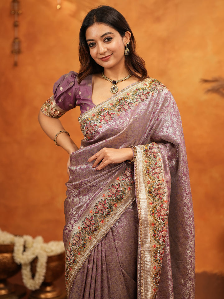 Lavender Purple Banarasi Silk Embroidered Saree with Floral Border & Zari Weaving | Heavy Embroidered Blouse with Tassels | Wedding & Festive Wear Saree