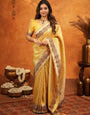 Mustard Yellow Banarasi Silk Embroidered Saree with Floral Border & Zari Weaving | Heavy Embroidered Blouse with Tassels | Wedding & Festive Wear Saree