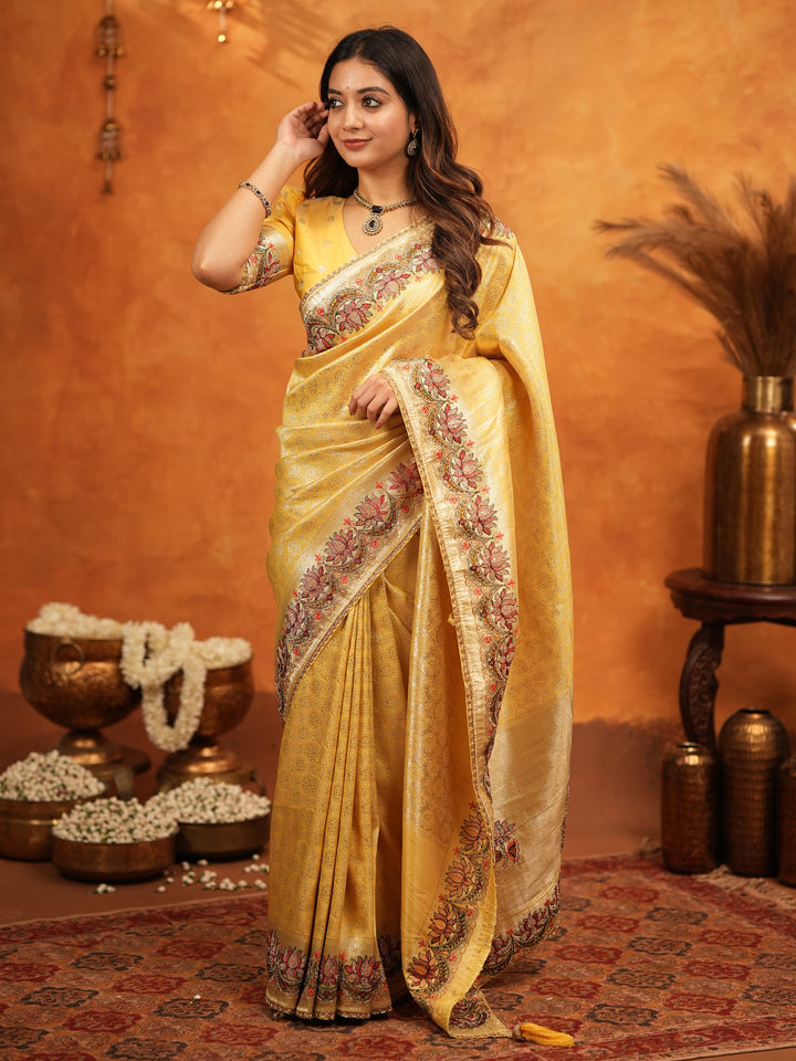 Mustard Yellow Banarasi Silk Embroidered Saree with Floral Border & Zari Weaving | Heavy Embroidered Blouse with Tassels | Wedding & Festive Wear Saree