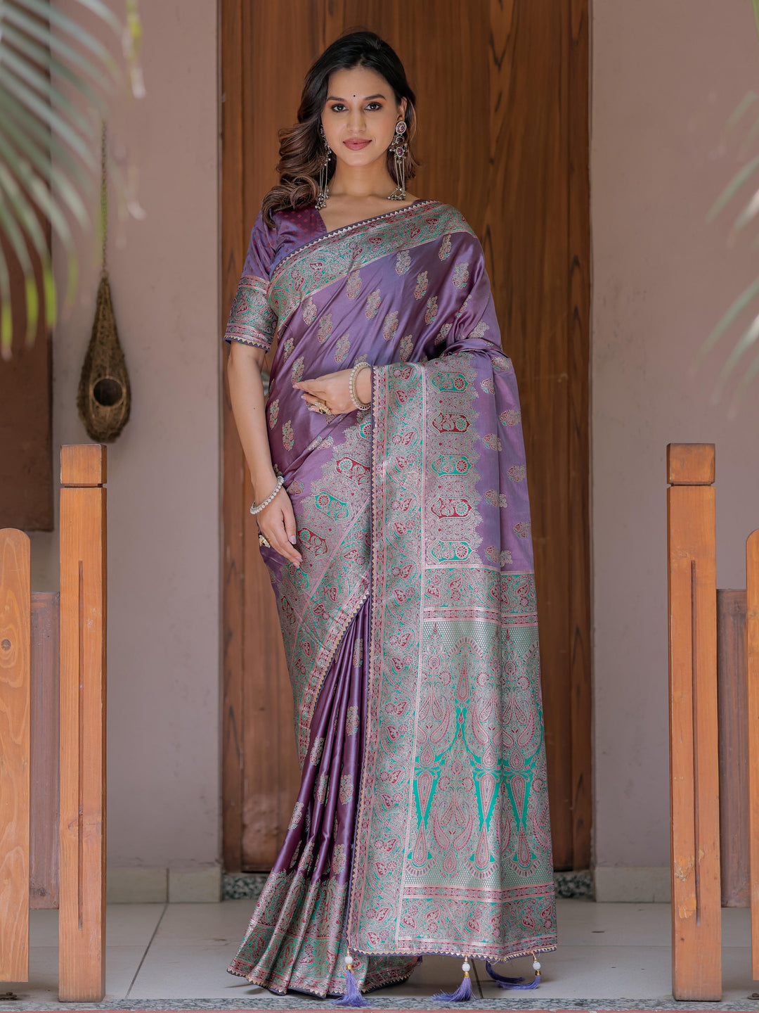 Royal Lavender Purple Banarasi Silk Saree with Intricate Paisley Zari Weaving & Tassel Detailing