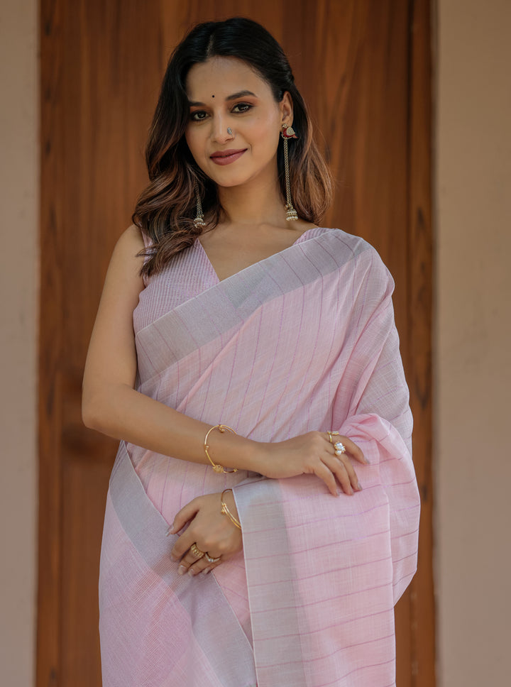 Soft Peach Pink Handloom Cotton Saree with Subtle Striped Weaving & Tassel Detailing
