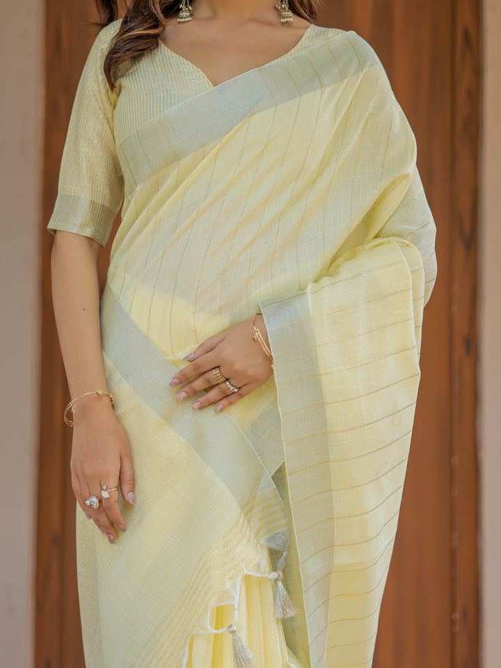 Sunshine Yellow Pure Handloom Cotton Saree with Subtle Striped Weaving & Tassel Detailing