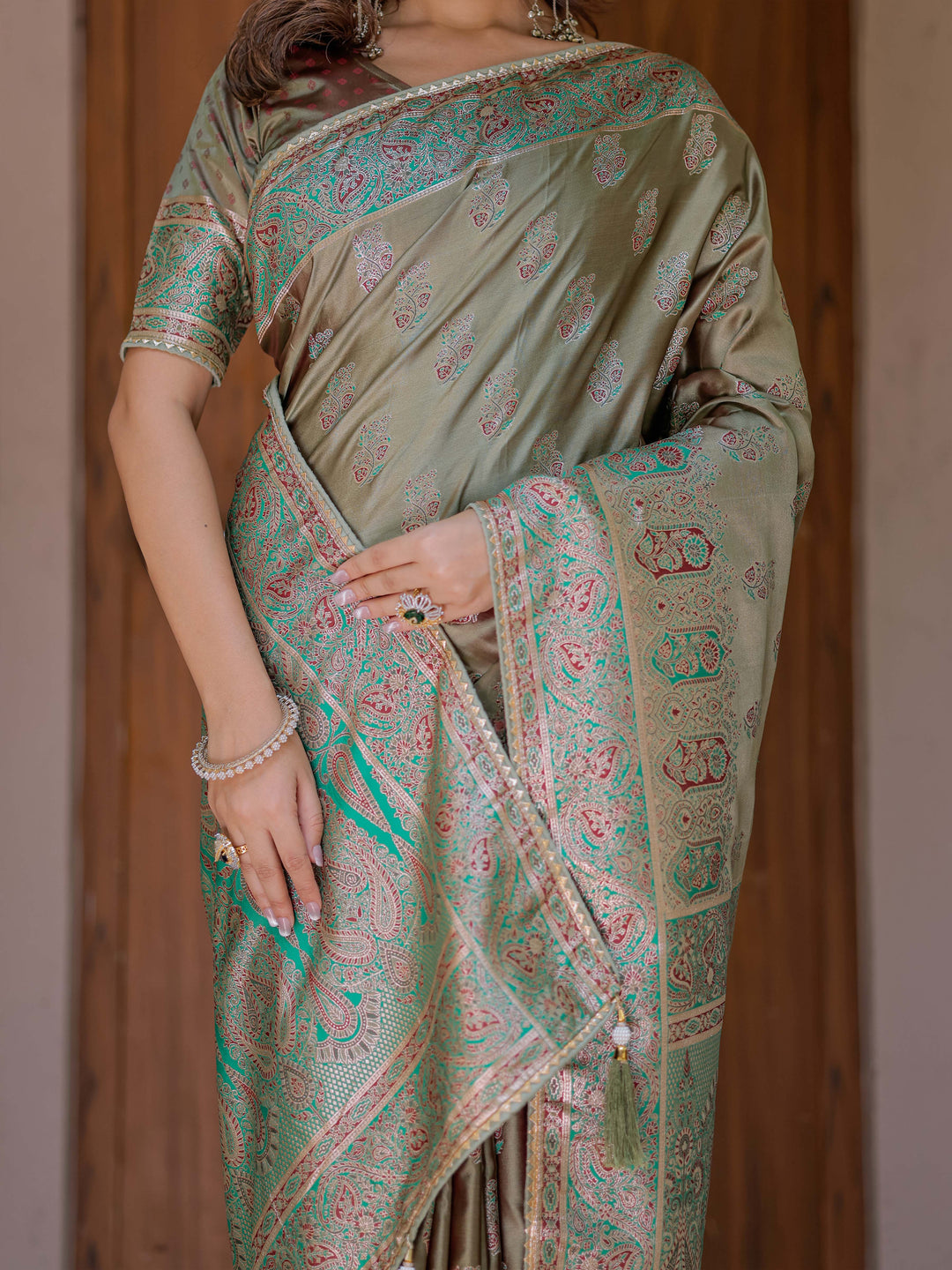 Elegant Olive Gold Banarasi Silk Saree with Intricate Paisley Zari Weaving & Tassel Detailing