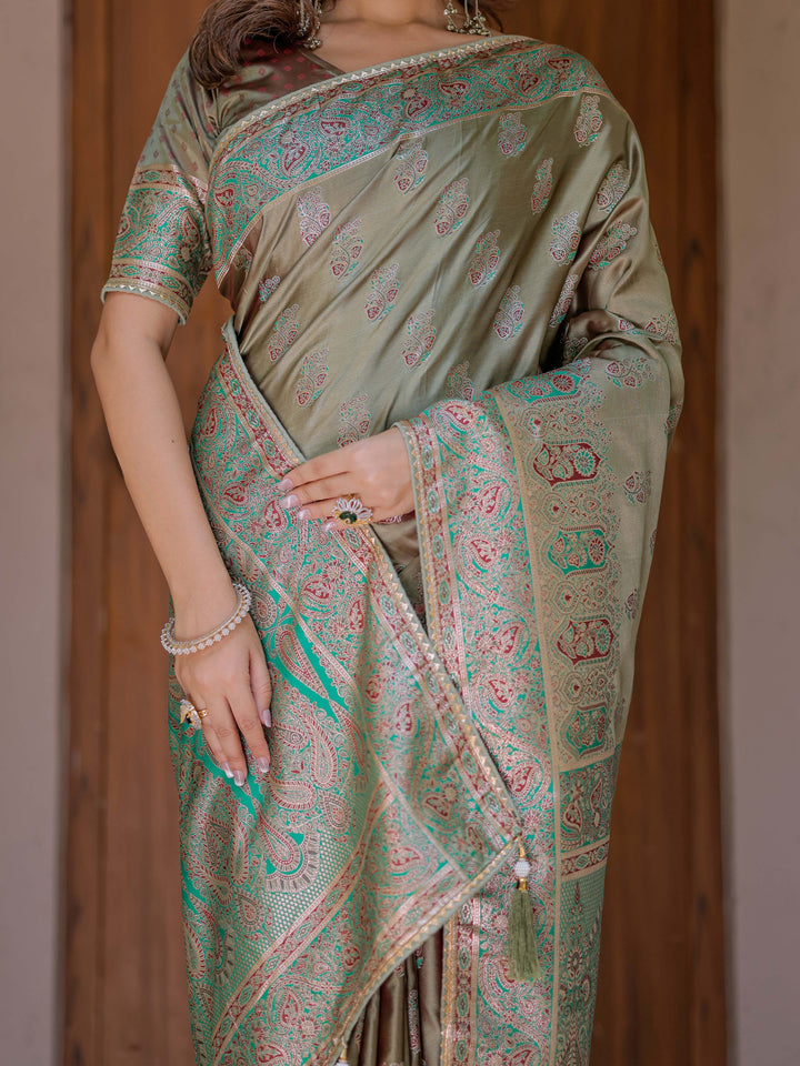 Elegant Olive Gold Banarasi Silk Saree with Intricate Paisley Zari Weaving & Tassel Detailing
