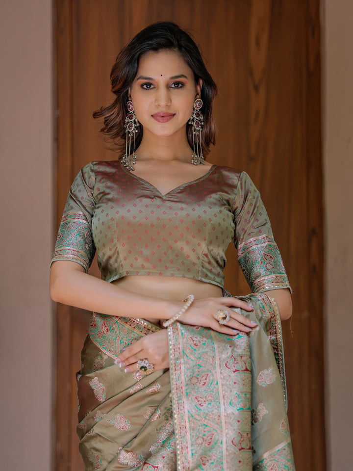 Elegant Olive Gold Banarasi Silk Saree with Intricate Paisley Zari Weaving & Tassel Detailing