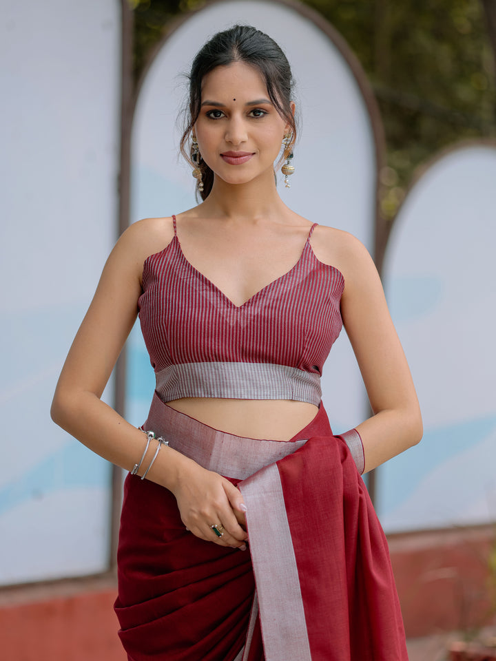 Elegant Wine Red Pure Handloom Cotton Saree with Silver Border & Tassel Detailing