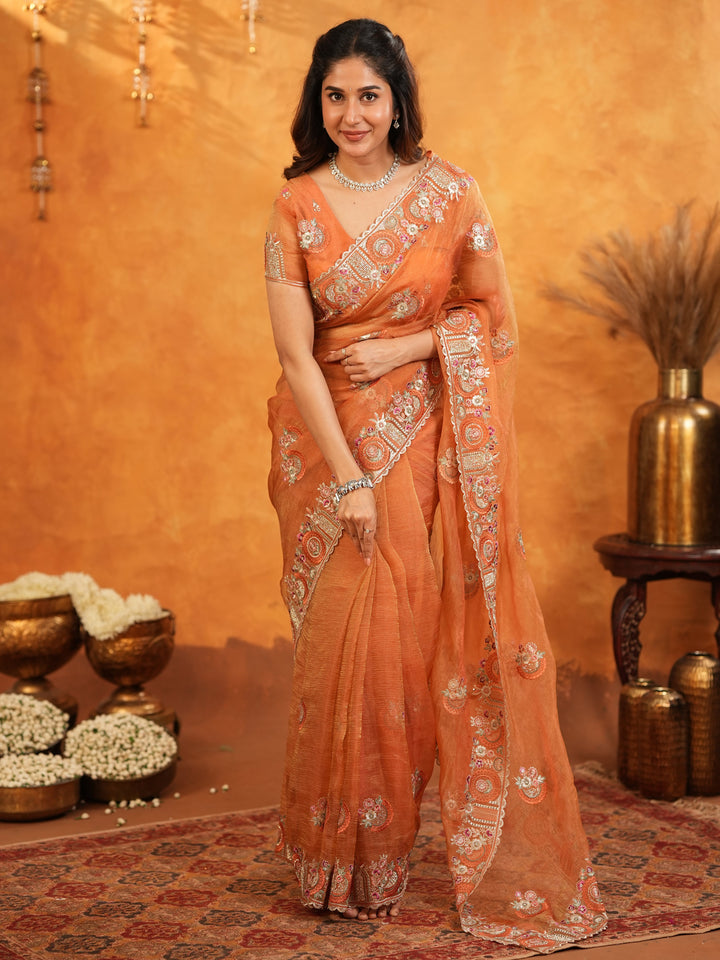 Burnt Orange Fendy Satin Embroidered Saree with Intricate Floral Border & Tassels | Premium Designer Saree with Heavy Embroidered Blouse