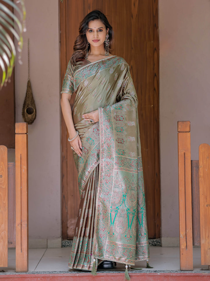 Elegant Olive Gold Banarasi Silk Saree with Intricate Paisley Zari Weaving & Tassel Detailing