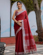 Elegant Wine Red Pure Handloom Cotton Saree with Silver Border & Tassel Detailing