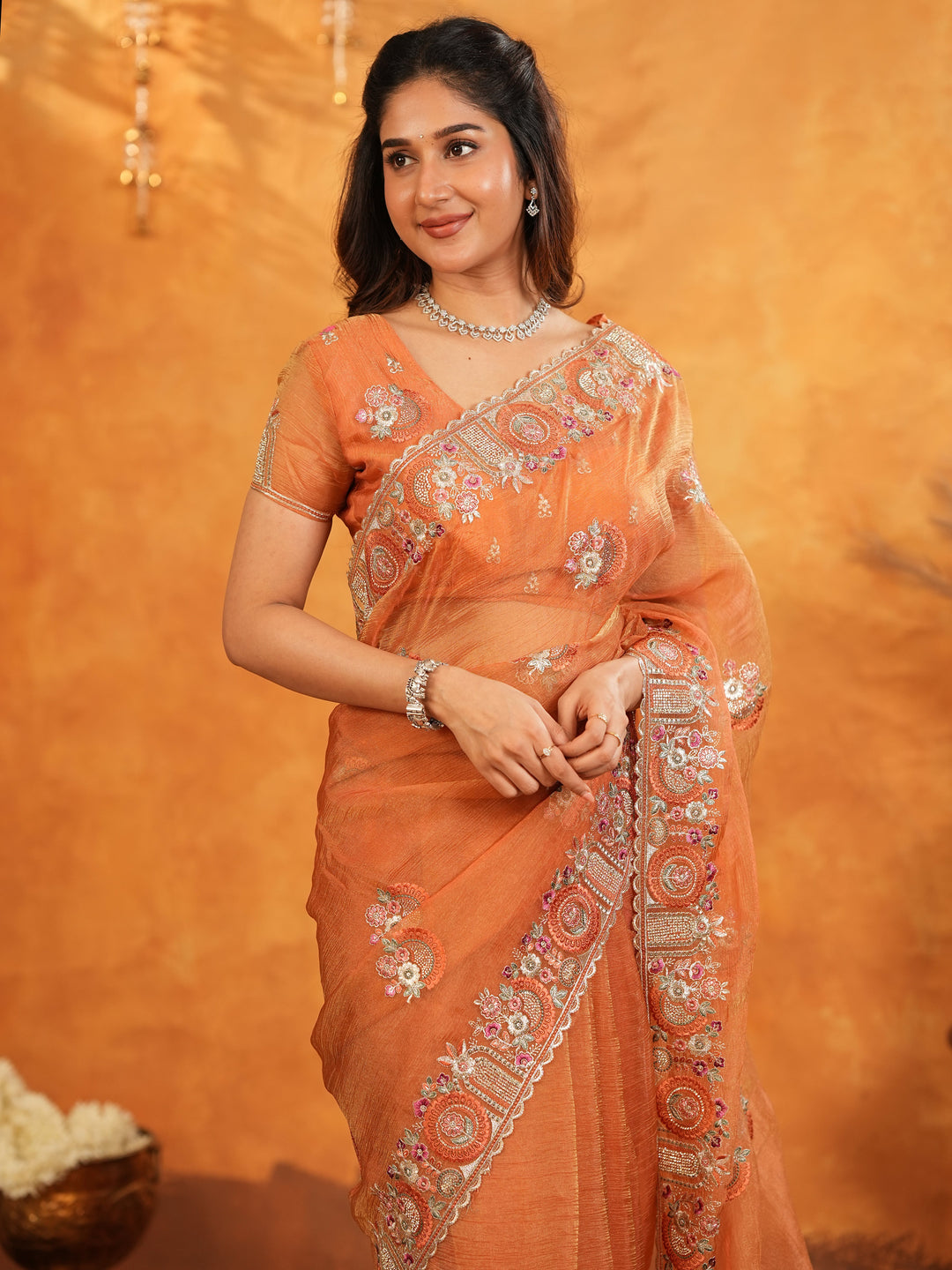 Burnt Orange Fendy Satin Embroidered Saree with Intricate Floral Border & Tassels | Premium Designer Saree with Heavy Embroidered Blouse
