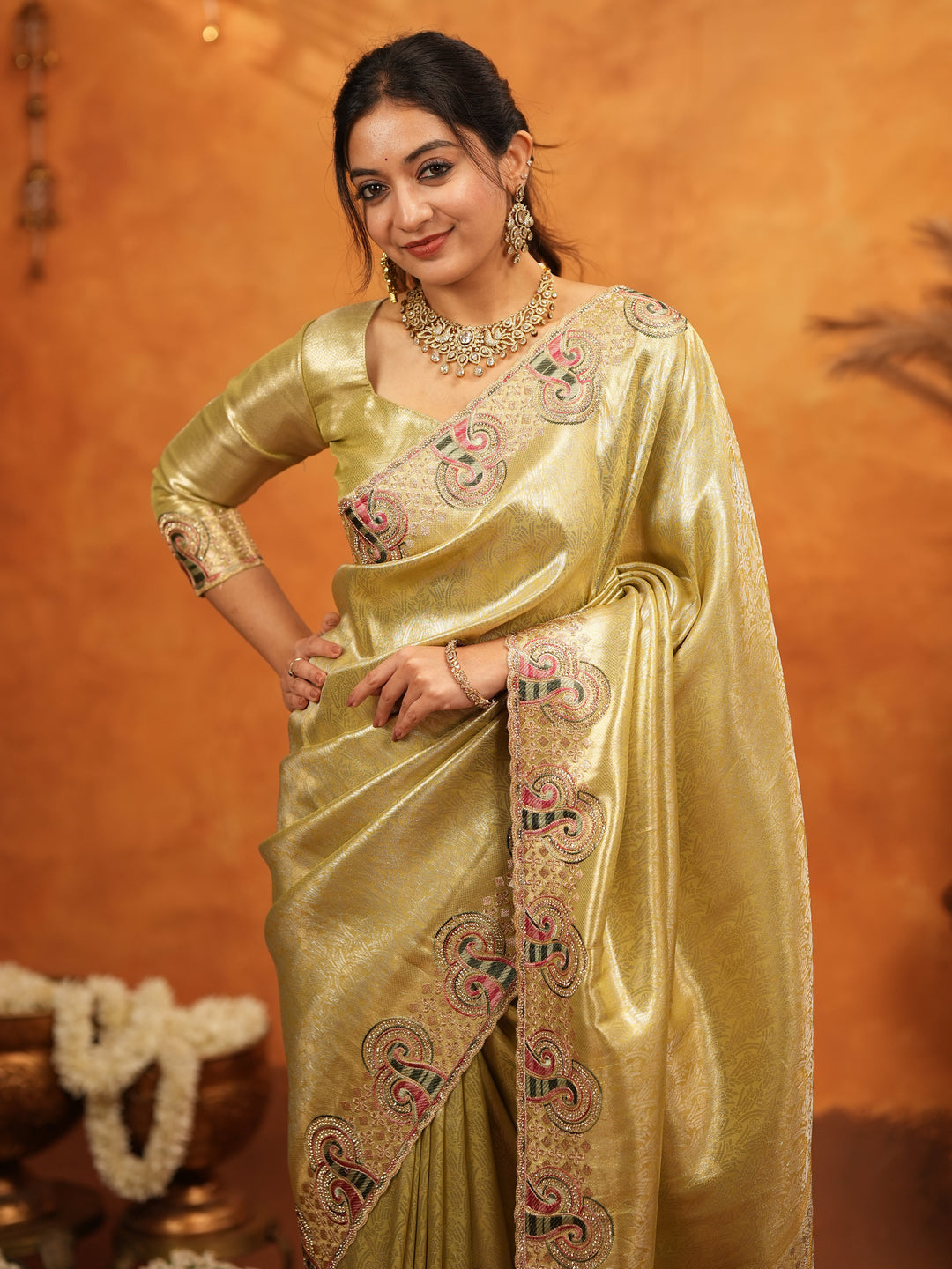 Olive Gold Banarasi Silk Embroidered Saree with Paisley Border & Zari Weaving | Heavy Embroidered Blouse with Tassels | Wedding & Festive Wear Saree