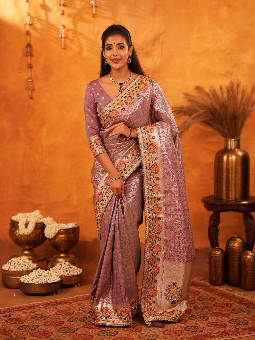 Lavender Purple Banarasi Silk Saree with Peacock Floral Embroidered Border & Zari Weaving | Premium Festive & Wedding Wear Designer Saree