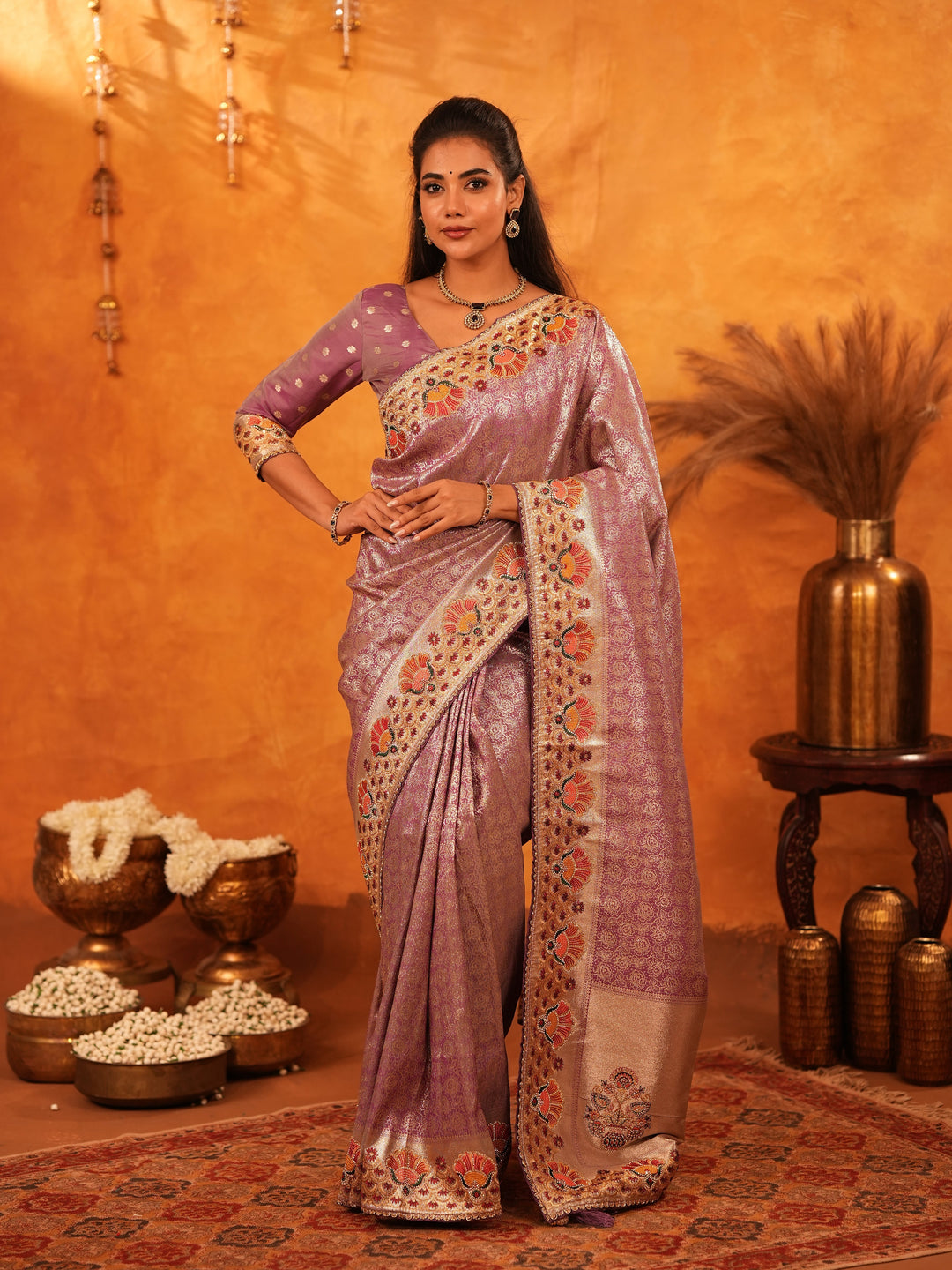 Lavender Purple Banarasi Silk Saree with Peacock Floral Embroidered Border & Zari Weaving | Premium Festive & Wedding Wear Designer Saree