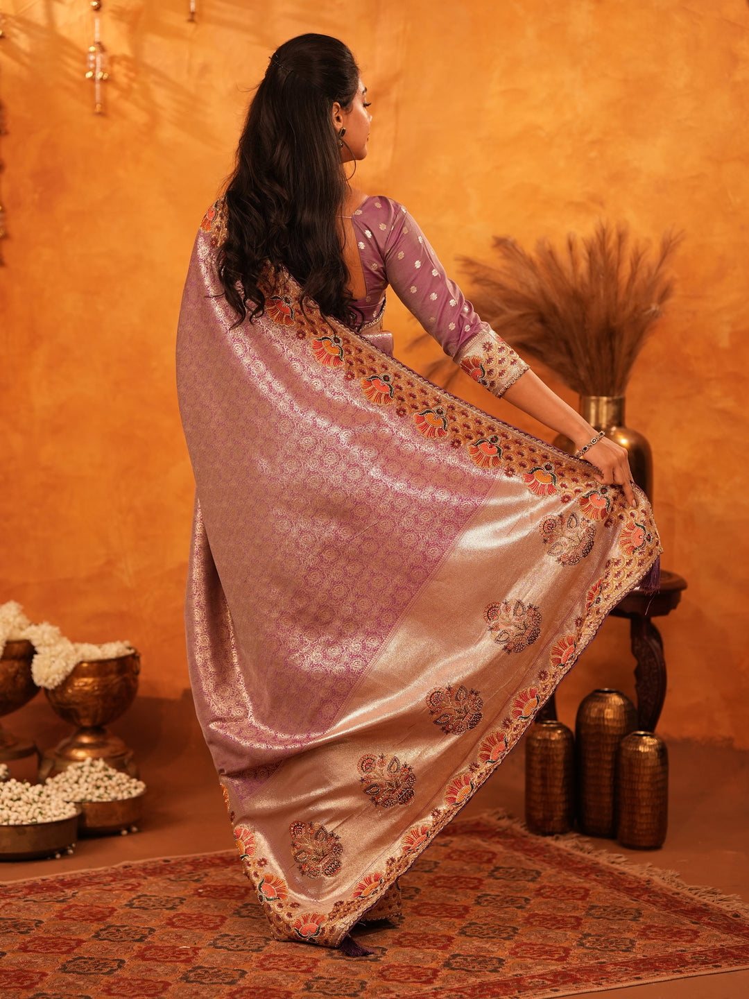 Lavender Purple Banarasi Silk Saree with Peacock Floral Embroidered Border & Zari Weaving | Premium Festive & Wedding Wear Designer Saree