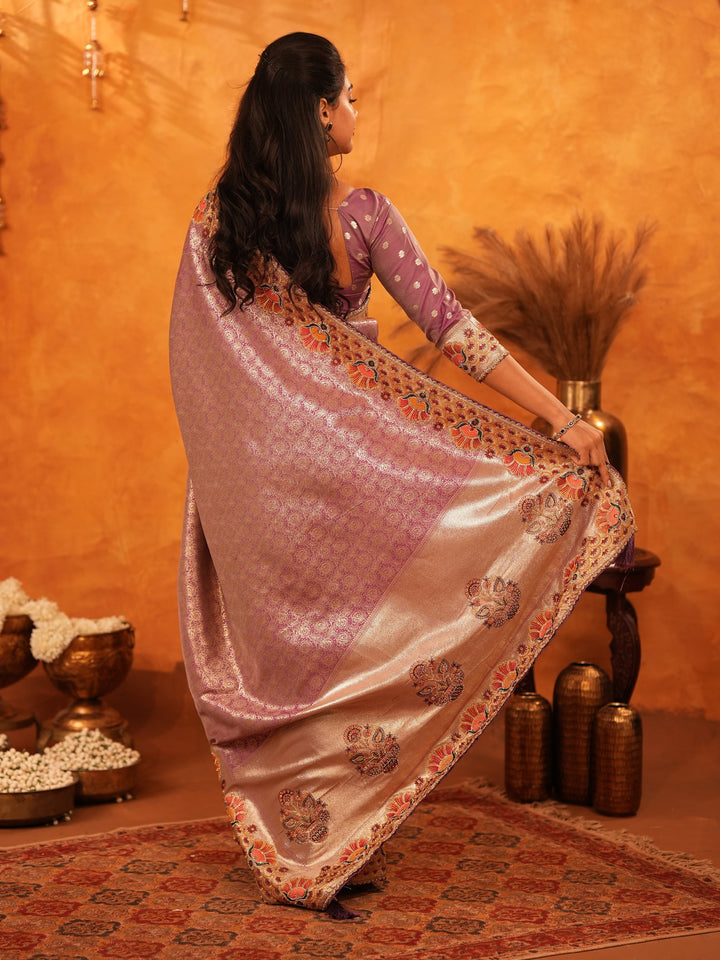 Lavender Purple Banarasi Silk Saree with Peacock Floral Embroidered Border & Zari Weaving | Premium Festive & Wedding Wear Designer Saree