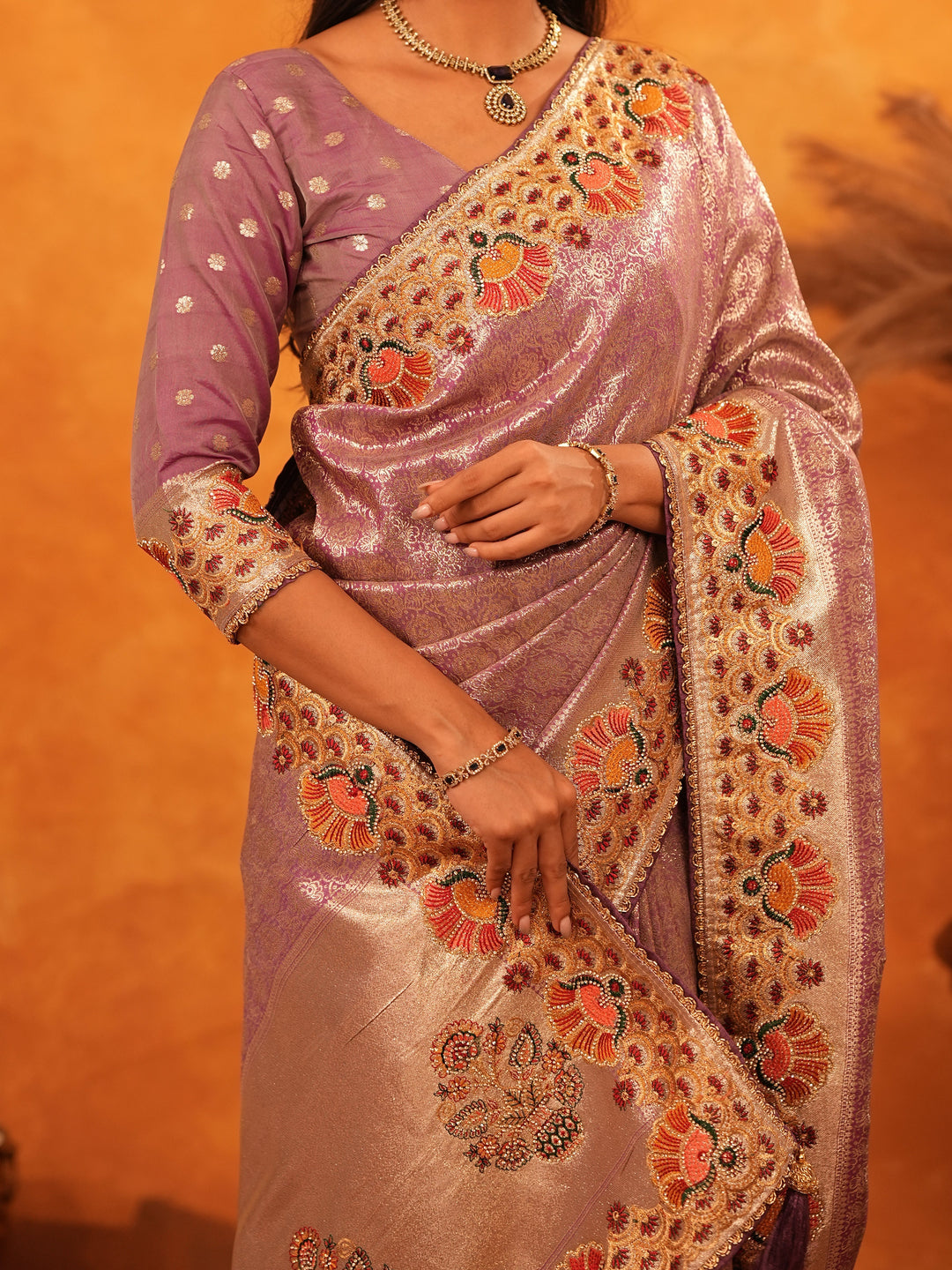 Lavender Purple Banarasi Silk Saree with Peacock Floral Embroidered Border & Zari Weaving | Premium Festive & Wedding Wear Designer Saree