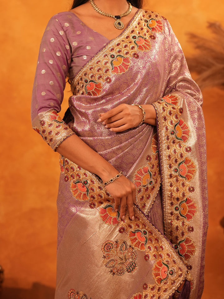 Lavender Purple Banarasi Silk Saree with Peacock Floral Embroidered Border & Zari Weaving | Premium Festive & Wedding Wear Designer Saree