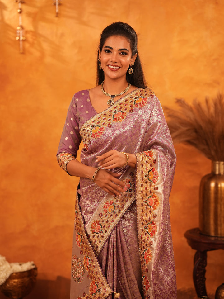 Lavender Purple Banarasi Silk Saree with Peacock Floral Embroidered Border & Zari Weaving | Premium Festive & Wedding Wear Designer Saree