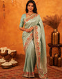 Mint Green Banarasi Silk Saree with Peacock Floral Embroidered Border & Zari Weaving | Elegant Festive & Wedding Wear Designer Saree