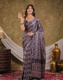 Slate Blue Pure Chinnon Ajrakh Printed Saree with Tassel Edges, Traditional Ethnic Print & Matching Blouse Piece