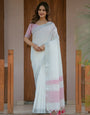 Pure White & Blush Pink Handloom Cotton Saree with Minimal Striped Border & Tassel Detailing