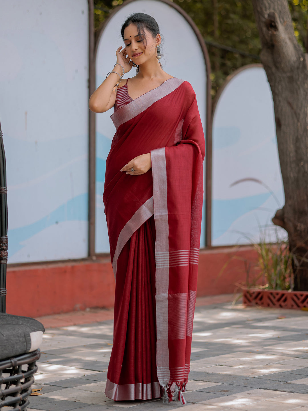 Elegant Wine Red Pure Handloom Cotton Saree with Silver Border & Tassel Detailing