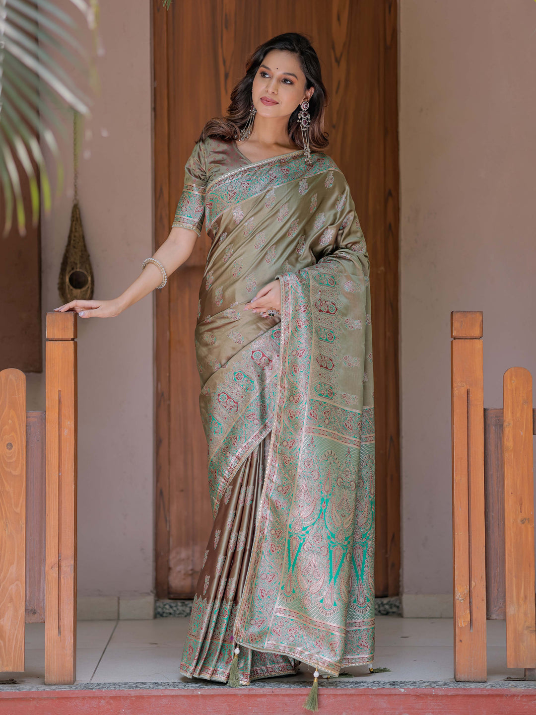 Elegant Olive Gold Banarasi Silk Saree with Intricate Paisley Zari Weaving & Tassel Detailing
