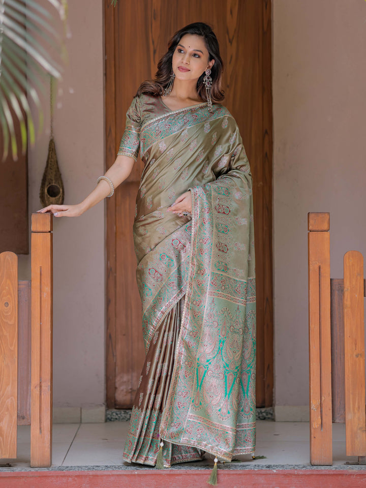 Elegant Olive Gold Banarasi Silk Saree with Intricate Paisley Zari Weaving & Tassel Detailing