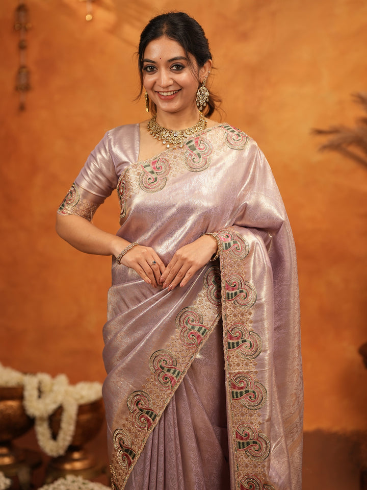 Mauve Pink Banarasi Silk Embroidered Saree with Paisley Border & Zari Weaving | Heavy Embroidered Blouse with Tassels | Wedding & Festive Wear Saree