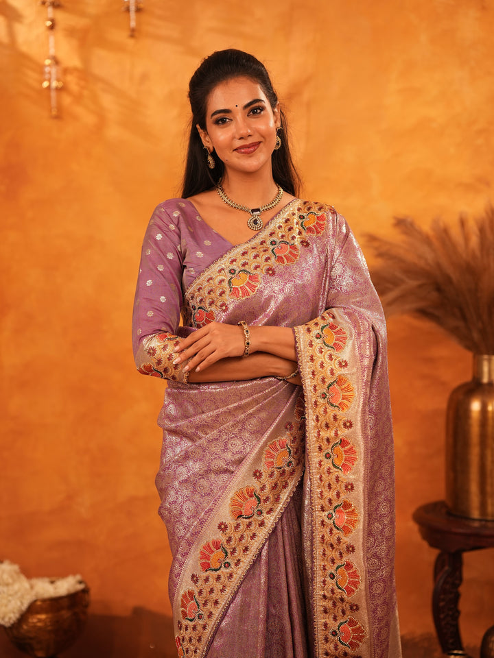 Lavender Purple Banarasi Silk Saree with Peacock Floral Embroidered Border & Zari Weaving | Premium Festive & Wedding Wear Designer Saree