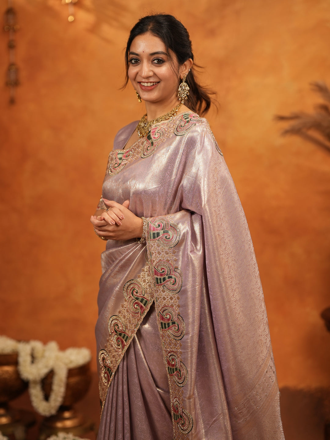 Mauve Pink Banarasi Silk Embroidered Saree with Paisley Border & Zari Weaving | Heavy Embroidered Blouse with Tassels | Wedding & Festive Wear Saree