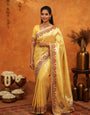 Royal Mustard Yellow Banarasi Silk Saree with Peacock Floral Embroidered Border & Zari Weaving | Festive Wedding Wear Designer Saree