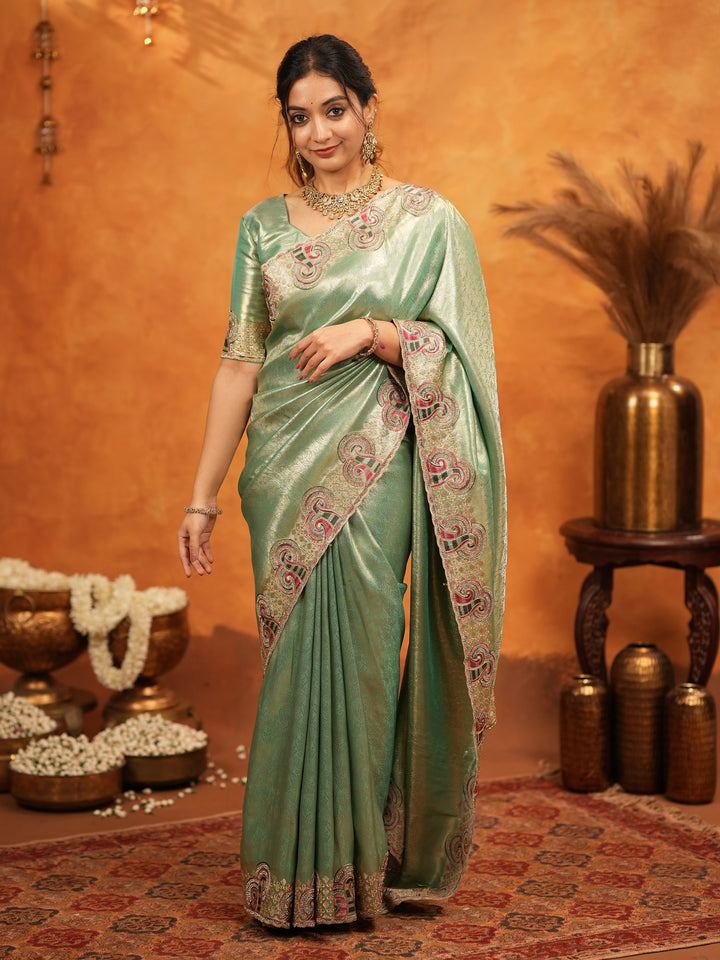 Sea Green Banarasi Silk Embroidered Saree with Paisley Border & Zari Weaving | Heavy Embroidered Blouse with Tassels | Wedding & Festive Wear Saree