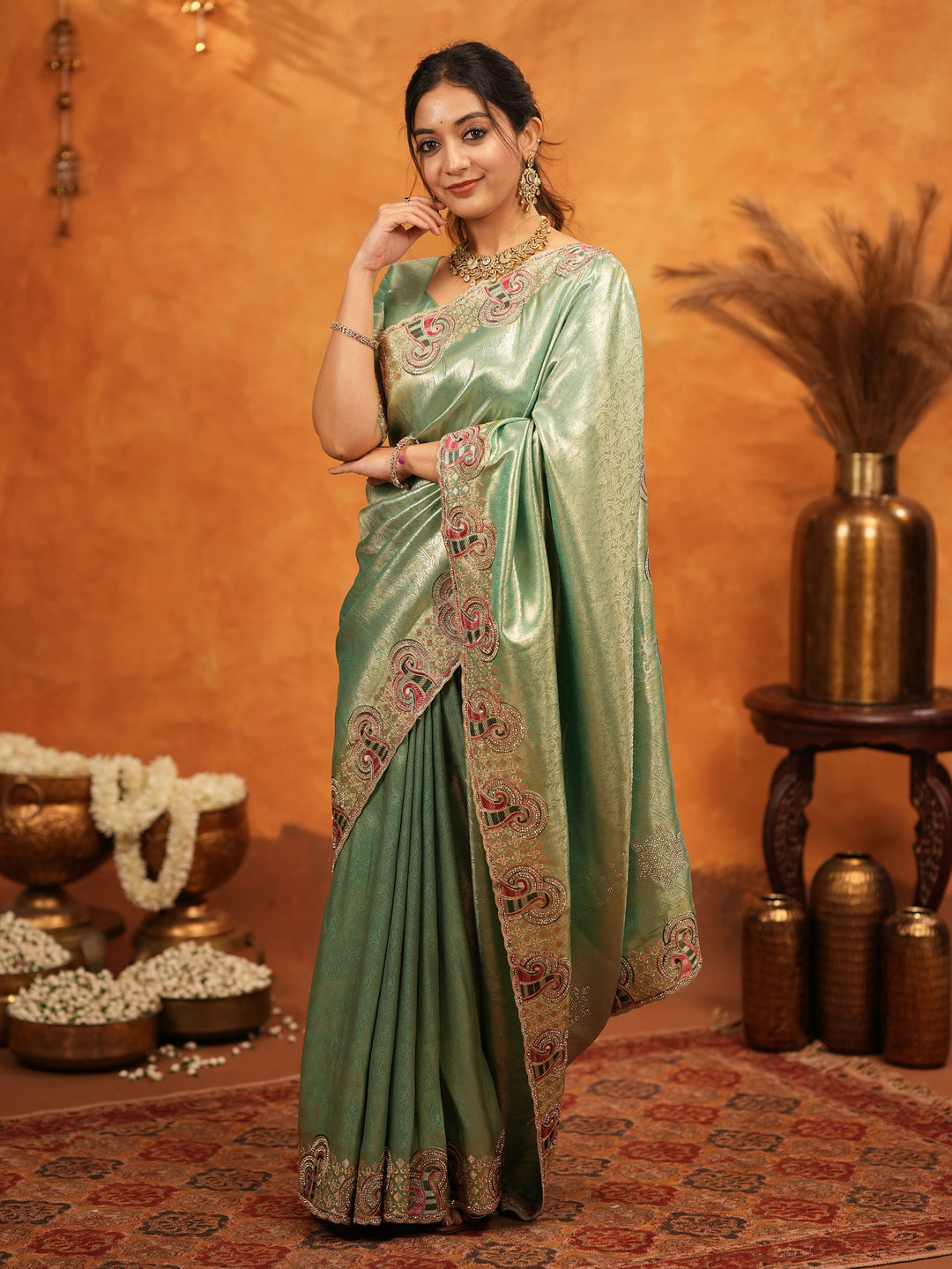 Sea Green Banarasi Silk Embroidered Saree with Paisley Border & Zari Weaving | Heavy Embroidered Blouse with Tassels | Wedding & Festive Wear Saree