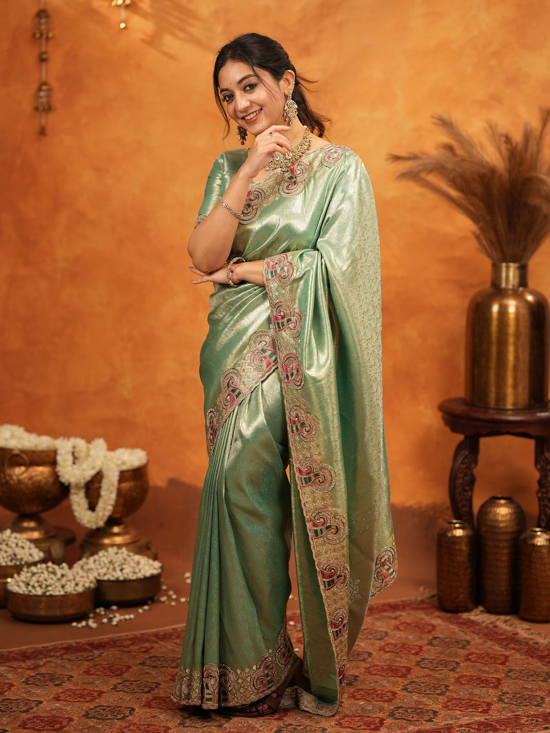 Sea Green Banarasi Silk Embroidered Saree with Paisley Border & Zari Weaving | Heavy Embroidered Blouse with Tassels | Wedding & Festive Wear Saree