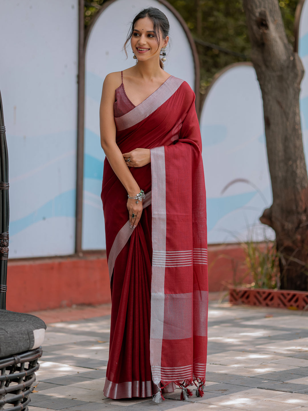 Elegant Wine Red Pure Handloom Cotton Saree with Silver Border & Tassel Detailing