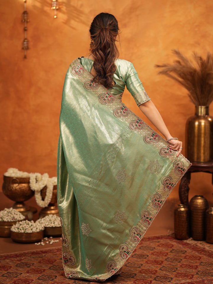Sea Green Banarasi Silk Embroidered Saree with Paisley Border & Zari Weaving | Heavy Embroidered Blouse with Tassels | Wedding & Festive Wear Saree