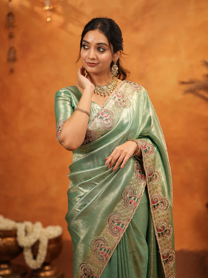 Sea Green Banarasi Silk Embroidered Saree with Paisley Border & Zari Weaving | Heavy Embroidered Blouse with Tassels | Wedding & Festive Wear Saree