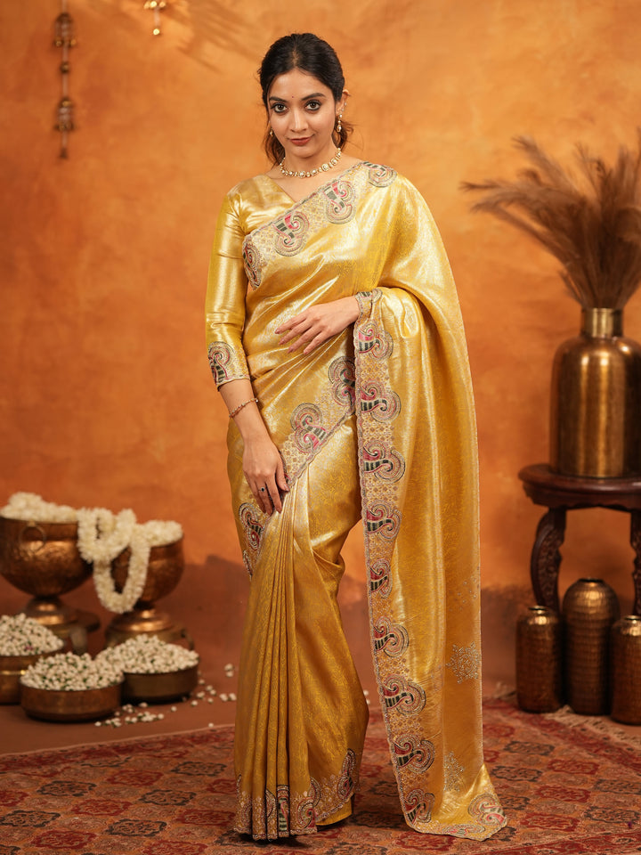 Golden Yellow Banarasi Silk Embroidered Saree with Paisley Border & Zari Weaving | Heavy Embroidered Blouse with Tassels | Wedding & Festive Wear Saree