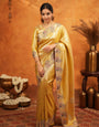 Golden Yellow Banarasi Silk Embroidered Saree with Paisley Border & Zari Weaving | Heavy Embroidered Blouse with Tassels | Wedding & Festive Wear Saree
