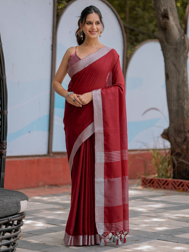 Elegant Wine Red Pure Handloom Cotton Saree with Silver Border & Tassel Detailing