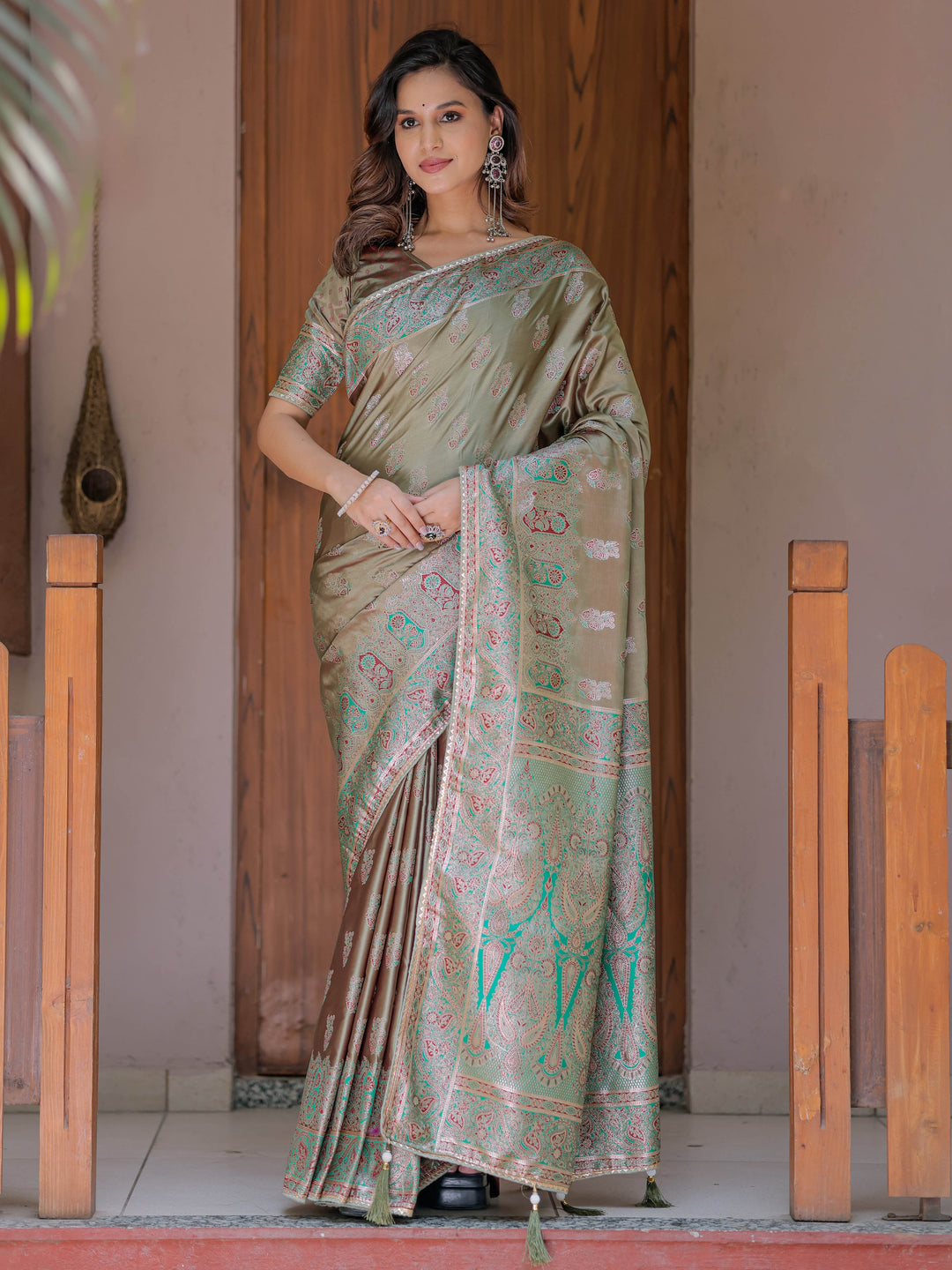 Elegant Olive Gold Banarasi Silk Saree with Intricate Paisley Zari Weaving & Tassel Detailing