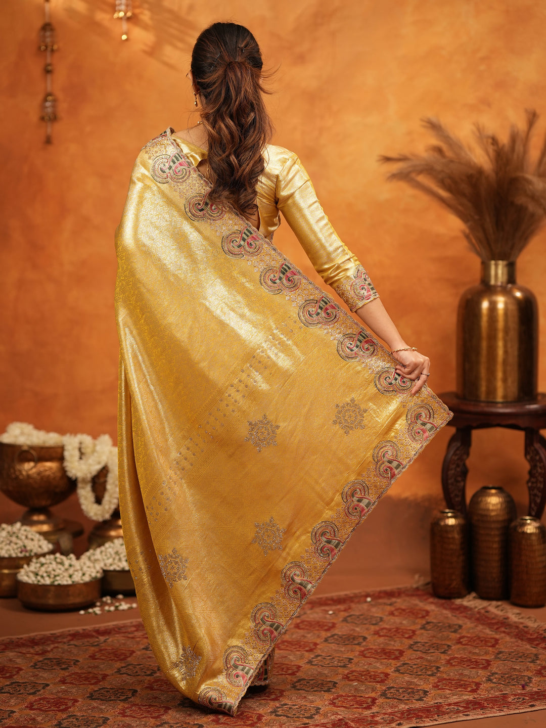 Golden Yellow Banarasi Silk Embroidered Saree with Paisley Border & Zari Weaving | Heavy Embroidered Blouse with Tassels | Wedding & Festive Wear Saree