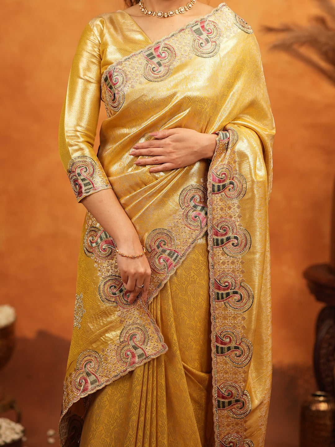 Golden Yellow Banarasi Silk Embroidered Saree with Paisley Border & Zari Weaving | Heavy Embroidered Blouse with Tassels | Wedding & Festive Wear Saree