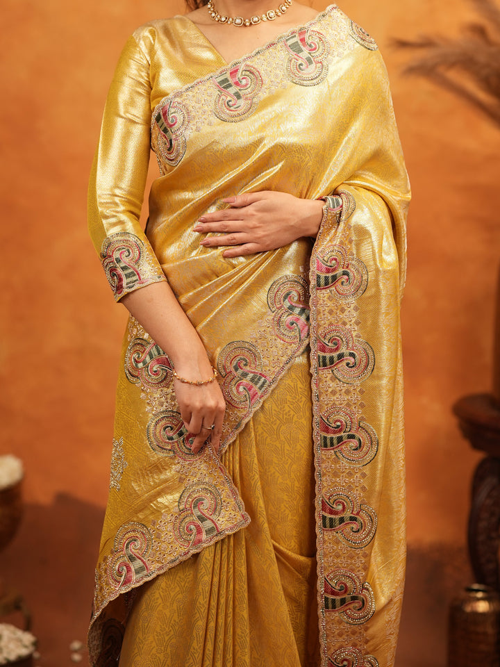 Golden Yellow Banarasi Silk Embroidered Saree with Paisley Border & Zari Weaving | Heavy Embroidered Blouse with Tassels | Wedding & Festive Wear Saree