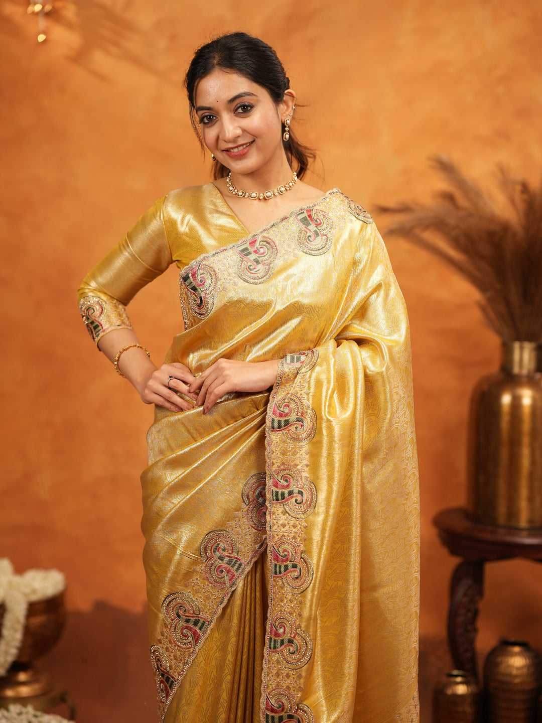 Golden Yellow Banarasi Silk Embroidered Saree with Paisley Border & Zari Weaving | Heavy Embroidered Blouse with Tassels | Wedding & Festive Wear Saree